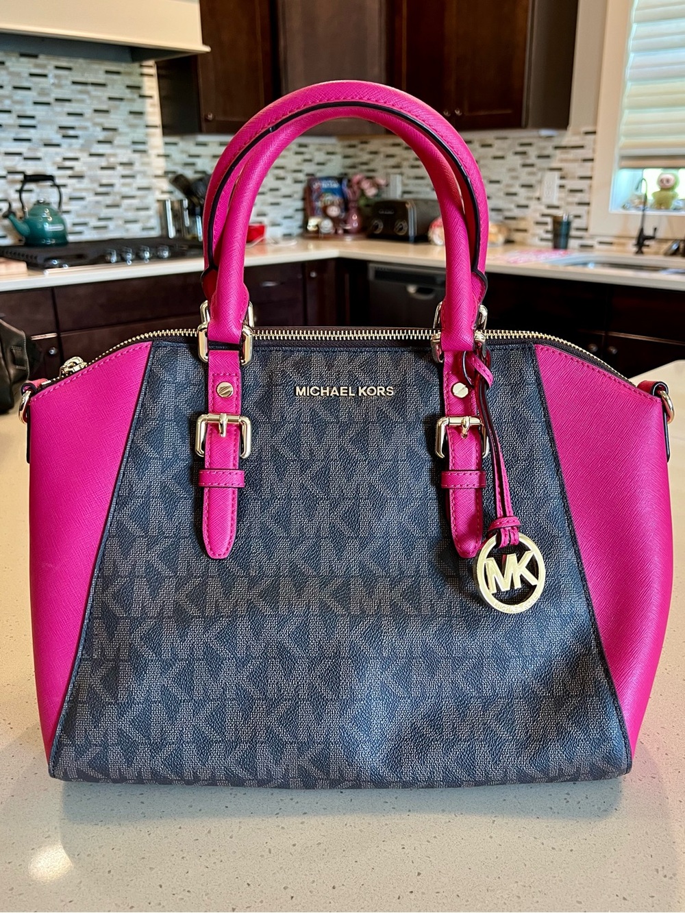 Michael Kors Pink and Brown Signature Satchel W/ Long Strap NEW WITH TAGS - Picture 3 of 15